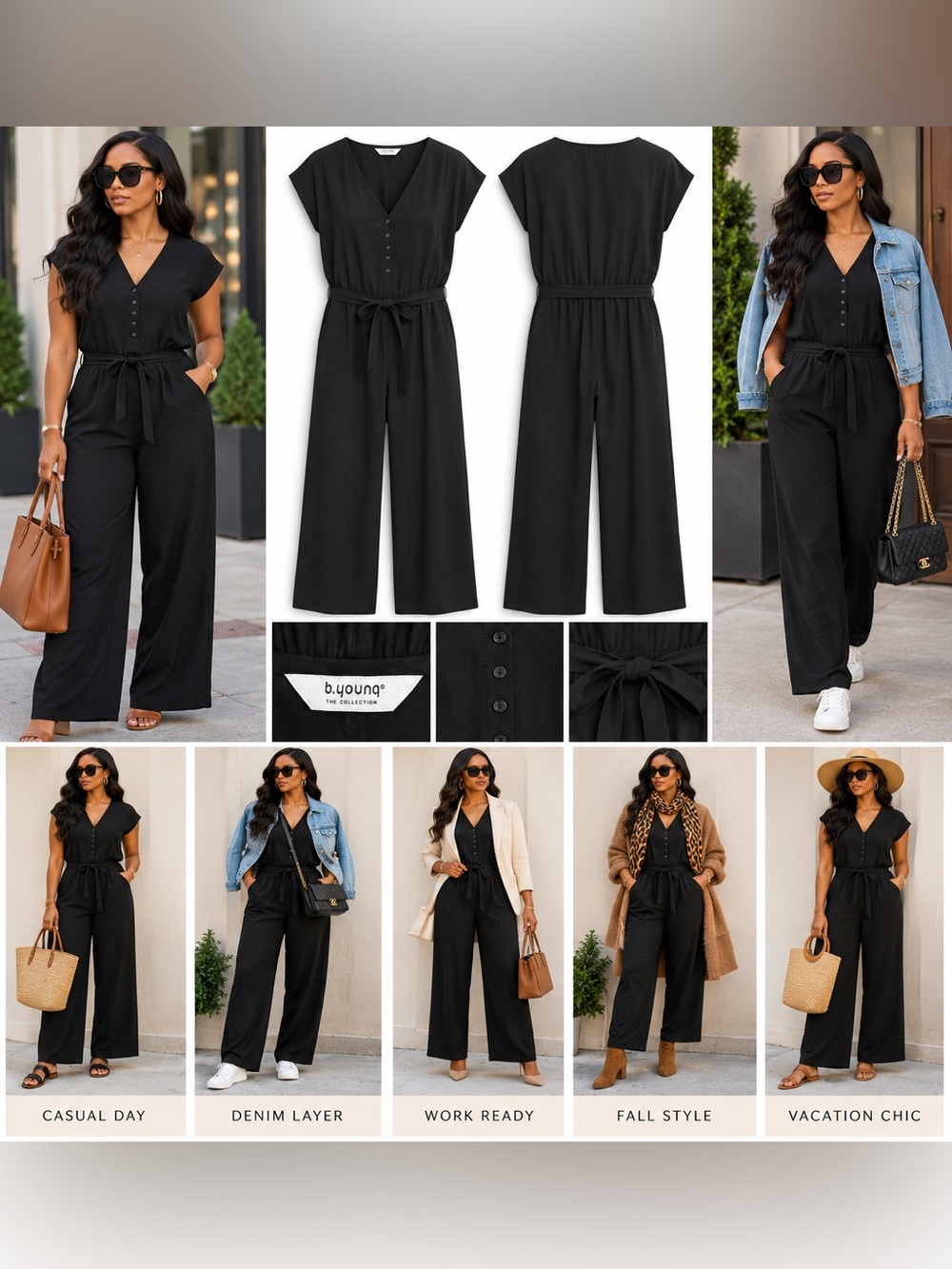 b.young Black Wide Leg Jumpsuit US 8 M NWT Belted Button Front